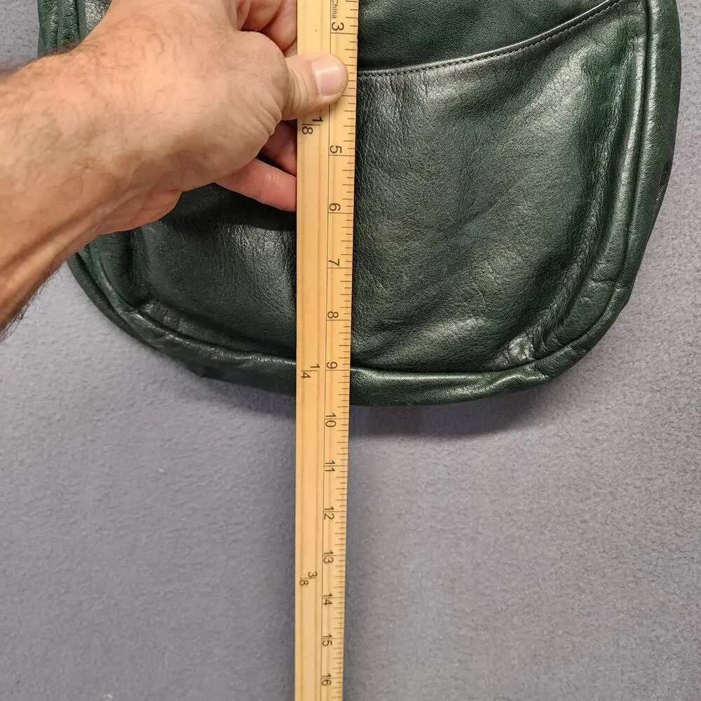 Leather Shoulder Bag Womens Dark Green Flap Pocket Zip Compartments Medium Purse